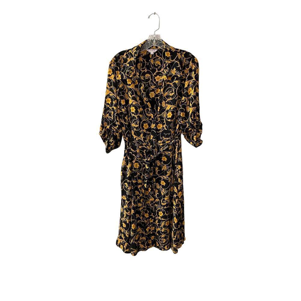 Nanette Lepore Womens Midi Shirt Dress Floral Print Black Yellow Size 14 NEW